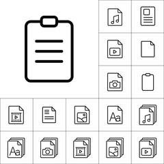 thin line clipboard icon, different type file icons set on white background