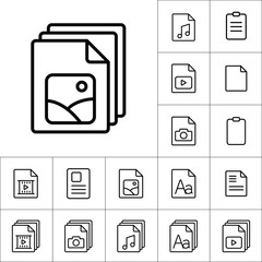 thin line photo file, gallery icon, different type file icons set on white background