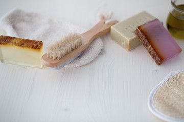 Body care tools with soap made of natural herbs and oils used for a treatment and relax bath