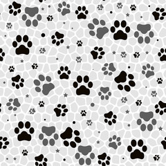Fototapeta na wymiar Dog paw print and star seamless pattern on white background. Modern stylish texture.