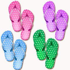 Set of realistic beach slippers on a white background. Isolated Vector Illustration 3d