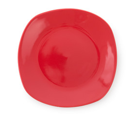 Red stylish empty dish plate isolated on white, top view, close up.