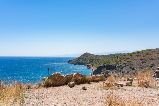 Top of Spinalonga island. View to blue aegian sea and Kalydon island.
