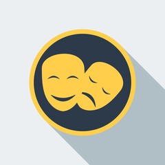 Golden theatre mask icon. Flat vector cartoon illustration. Objects isolated on a white background.