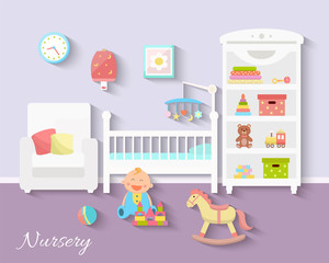 Baby room interior. Flat design. Newborn baby room with  shelf, toys, baby cot, armchair, bedside  table, chair and rug. Nursery room