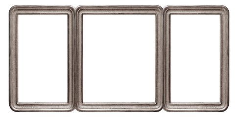 Silver frame of three parts (triptych) on a white background for paintings, mirrors or photos