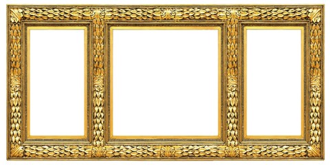 Gold frame of three parts (triptych) on a white background for paintings, mirrors or photos