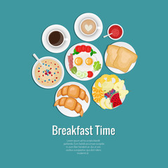 Breakfast set. Coffee, toasts, croissants, omellette with bacon, fruits, jam, oatmeal