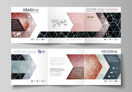 Business templates for tri fold square design brochures. Leaflet cover, vector layout. Chemistry pattern, molecular texture, polygonal molecule structure, cell. Medicine, science, microbiology concept