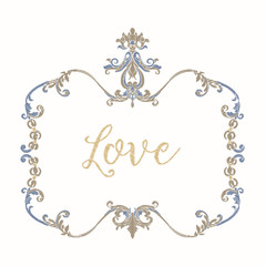 Embroidery with blue and beige vintage frame in rococo style with word love on white background. Stock vector illustration.
