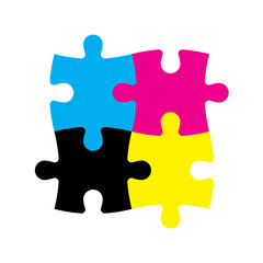 Fototapeta premium Four jigsaw puzzle pieces in CMYK colors. Printer theme. Vector illustration.