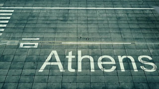 Aerial view of big airplane arriving to Athens airport. Travel to Greece conceptual intro animation