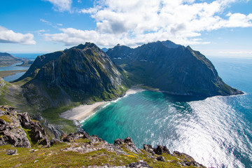 Amazing views from Ryten in Lofoten towards Kvalvika Beach, Norway