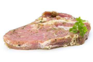 Pork chop, marinated. Isolated on the white background.