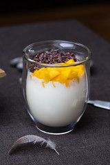 Healthy breakfast. Yogurt, Mango pieces and Cacao Nibs in glasses on dark grey or black table cloth. Nearby wood box, silver spoon, light meter an fever. Copy Space. Detox food concept.