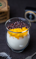 Healthy breakfast. Yogurt, Mango pieces and Cacao Nibs in glasses on dark grey or black table cloth. Nearby wood box, silver spoon, light meter an fever. Copy Space. Detox food concept.