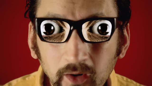 A funny ugly man with hypnotic glasses, showing big calm eyes. Weirdness, surreal, dream.
