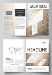Fototapeta na wymiar The vector illustration of the editable layout of two A4 format modern cover mockups design templates for brochure, flyer, booklet. Global network connections, technology background with world map.