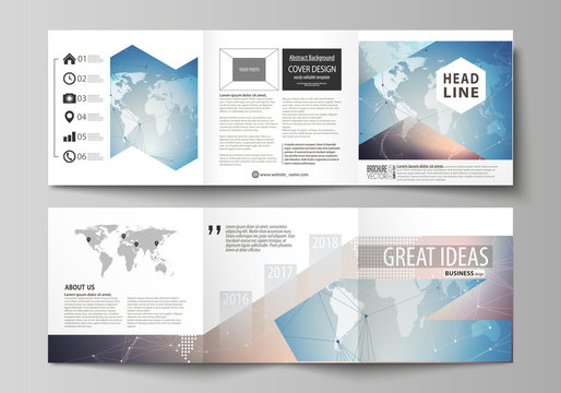The minimalistic vector illustration of editable layout. Two modern creative covers design templates for square brochure or flyer. Polygonal geometric linear texture. Global network, dig data concept.