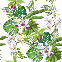 Seamless vector pattern of exotic vector drawn flowers and leaves. Tropical background.