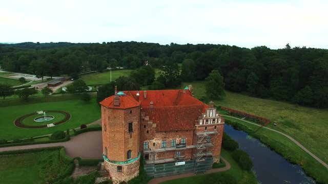 Aerial view of castle in Southern Sweden. View of fortress palace building from above