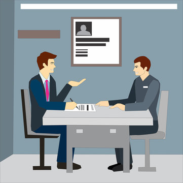 Employer interviewing a young male job seeker for a business vacancy sitting at a table reading his CV. Job interview concept illustration vector.