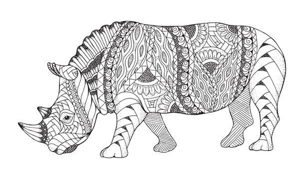 Rhino animal zentangle stylized. Rhinoceros vector, illustration, pattern. Zen art. Black and white illustration on white background. Adult anti-stress coloring book.