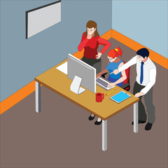 Startup business team in modern office brainstorming, working on laptop and tablet computer. Business People meeting conference discussion concept illustration vector.