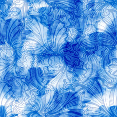 Seamless blue watercolor background with irises in art nouveau style. Abstract floral pattern. Digital Art