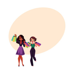 Two happy black and Caucasian women, girls, friends with shopping bags, cartoon vector illustration with space for text. Couple of girls, women with shopping bags, happy shopping concept