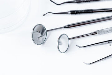 dental tools on white background top view