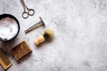 Mens hairdressing desktop with tools for shaving top view