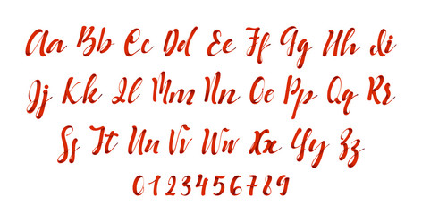 Latin alphabet red. Letter font style ribbon