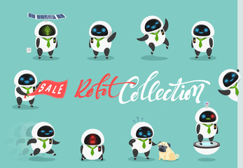 Fototapeta premium Set character robot android. Characters cartoon in flat style with different tasks, gestures. On the faces of emotions, joy, laughter, surprise, anger. Objects isolated against a blue background.