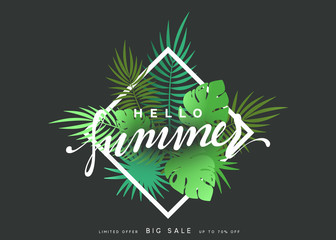 Fototapeta na wymiar Hello Summer banner tropical background. Summer season, design poster with green leaves