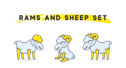 Rams amd sheep set linear style. Character animal