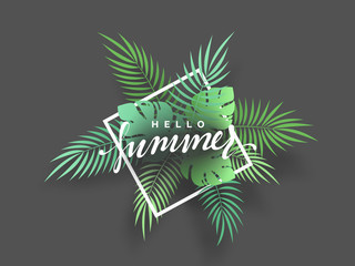 Hello Summer banner tropical background. Summer season, design poster with leaves