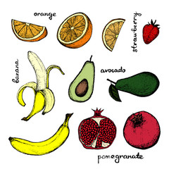 Vegan Menu - set of 10 color hand-drawn objects - banana, pomegranate, orange and avocado
