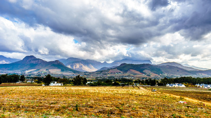 Franschhoek Valley in the Western Cape of South Africa with its many vineyards and Middagskransberg and the Wemmershoek Mountains in the background