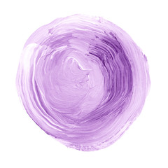 Violet textured acrylic circle. Watercolour stain on white background.