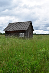Fototapeta premium Abandoned cabin in a grassy field