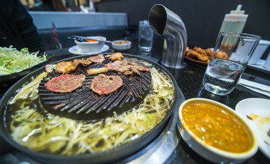 grill meat on the pan in the restaurant.