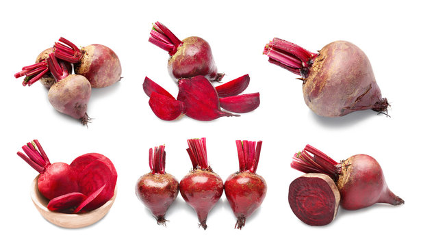 Collage Of Beets On White Background