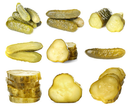 Collage of pickled cucumbers on white background