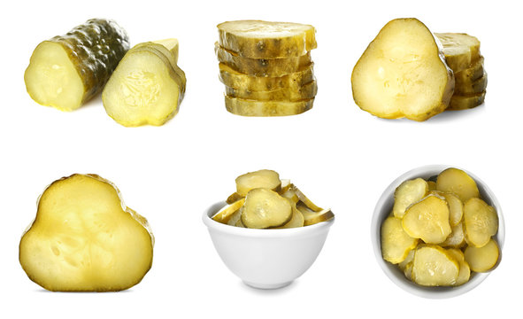 Collage of pickled cucumbers on white background