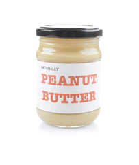 Jar with peanut butter on white background