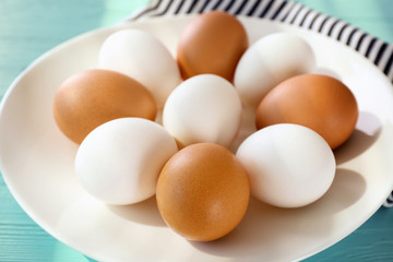 Hard boiled eggs on ceramic plate. Nutrition concept