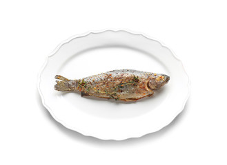 Plate with tasty fried fish on white background