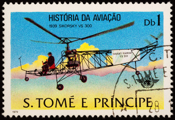 Helicopter Sikorsky VS 300 (1939) on postage stamp - obrazy, fototapety, plakaty