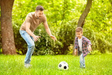 Naklejka premium Dad and son playing football together on green meadow